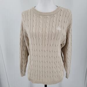 Izod Sweater Womens Medium Cable Knit Crew Neck Pullover Cotton Knit Cream